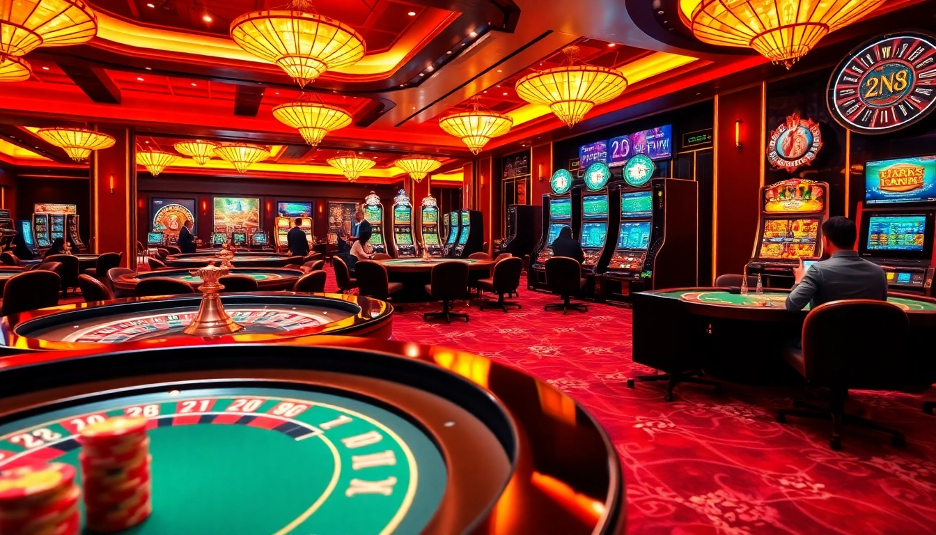 High-stakes gambling at mv88 casino with vibrant roulette and poker tables.