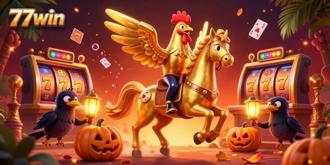 77win showcases a vibrant casino scene with golden rooster and lanterns, immersing players in thrilling slots action.