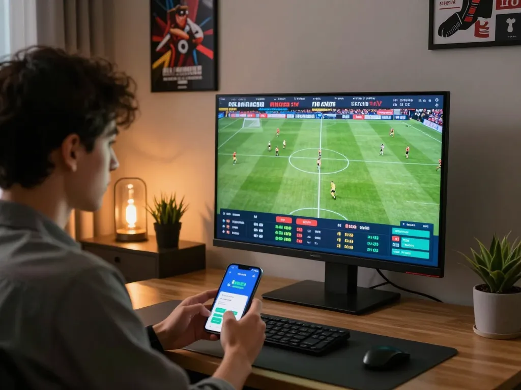 Soi keo betting scene showing a player engaged in sports betting analysis with live match visuals.