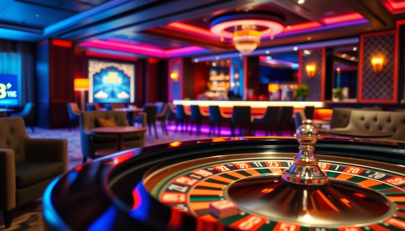 Spiele aufregende casinospiele in einem eleganten Lounge-Setting mit Roulette-Tisch.