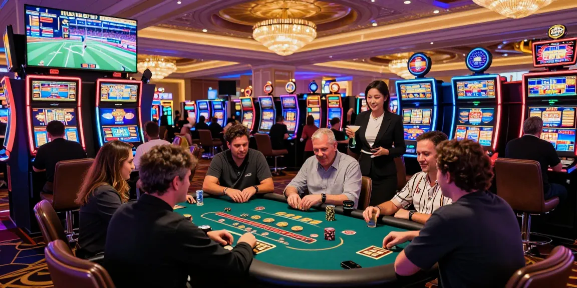 Exciting gambling experience at https://da88m7.com showcasing players at casino tables and slot machines.