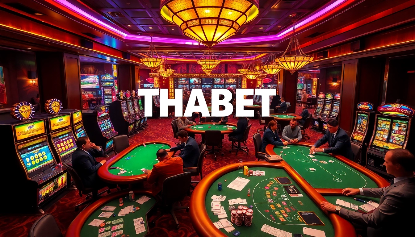 Players enjoying the THABET casino experience with lively tables and vibrant games.