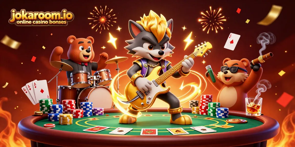 Capture the excitement of jokaroom.io online casino bonuses with a vibrant 3D scene of characters celebrating casino wins.