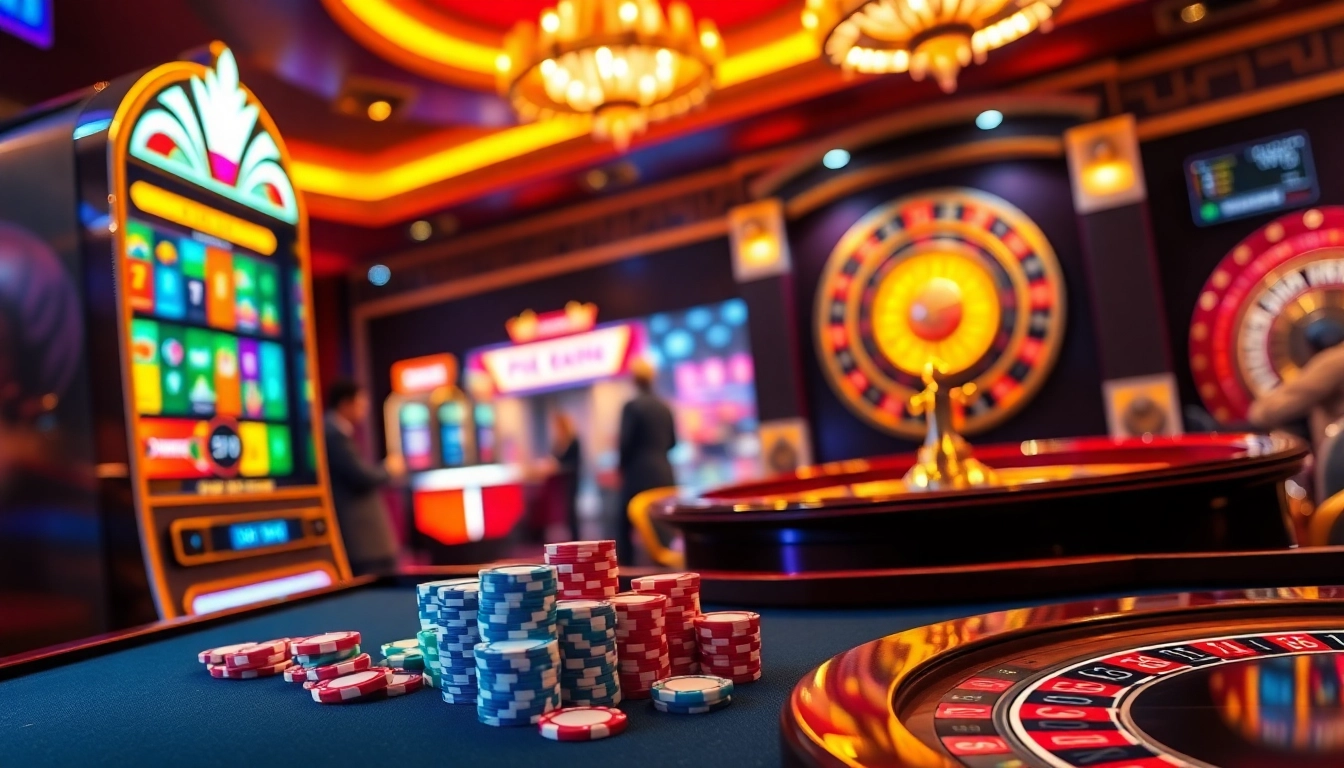 Experience the excitement at trang chủ cm88 with vibrant casino elements like slot machines and poker chips.