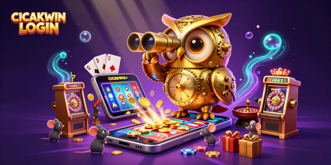 CICAKWIN LOGIN activation screen showing the clockwork owl watching over vibrant slot machines, ensuring an exciting gaming experience.