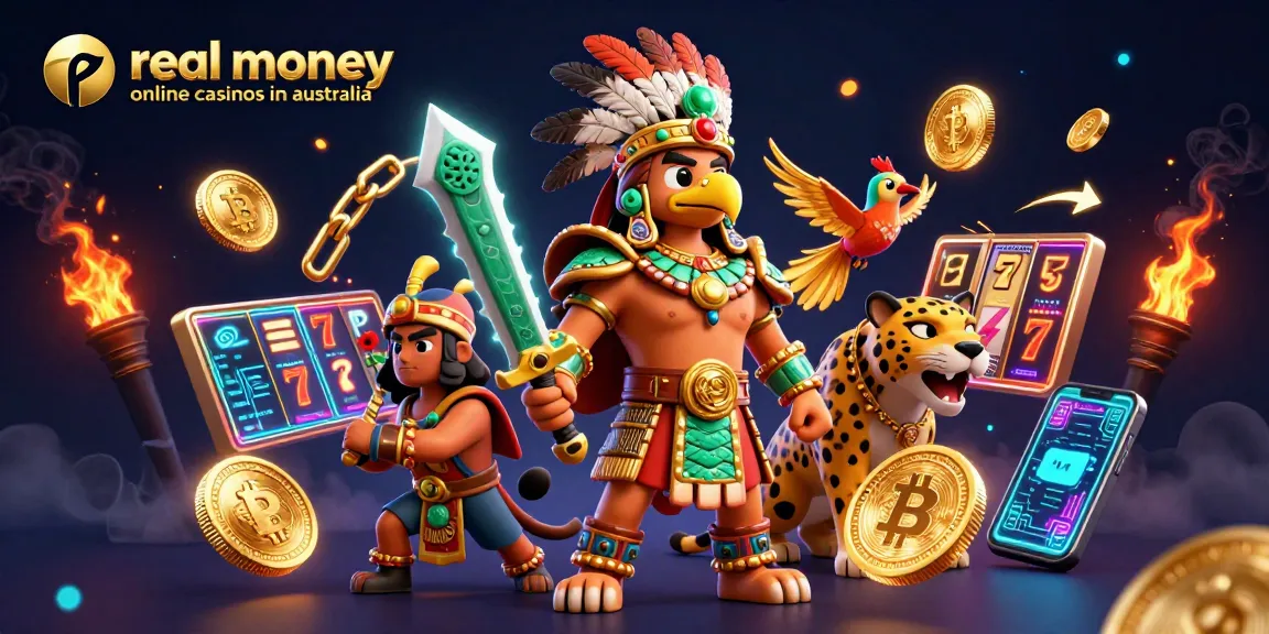 Engage in real money online casinos in Australia with vibrant 3D illustration showcasing Aztec warriors and games.