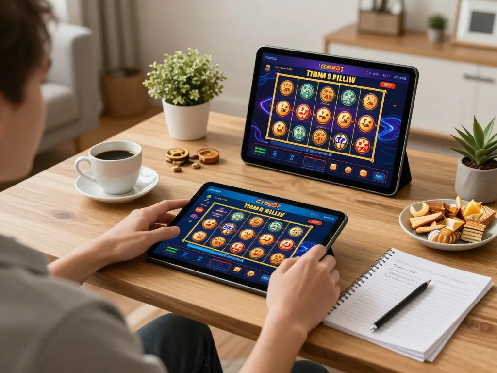 Player enjoying Go88 mobile gaming on tablet at home, surrounded by snacks and strategy notes