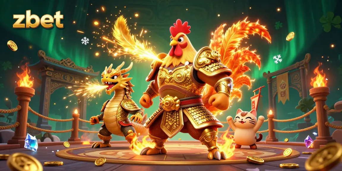 Engage with zbet in a vibrant 3D illustration featuring a rooster warrior, dragon hatchling, and fortune cat amidst a gambling arena.