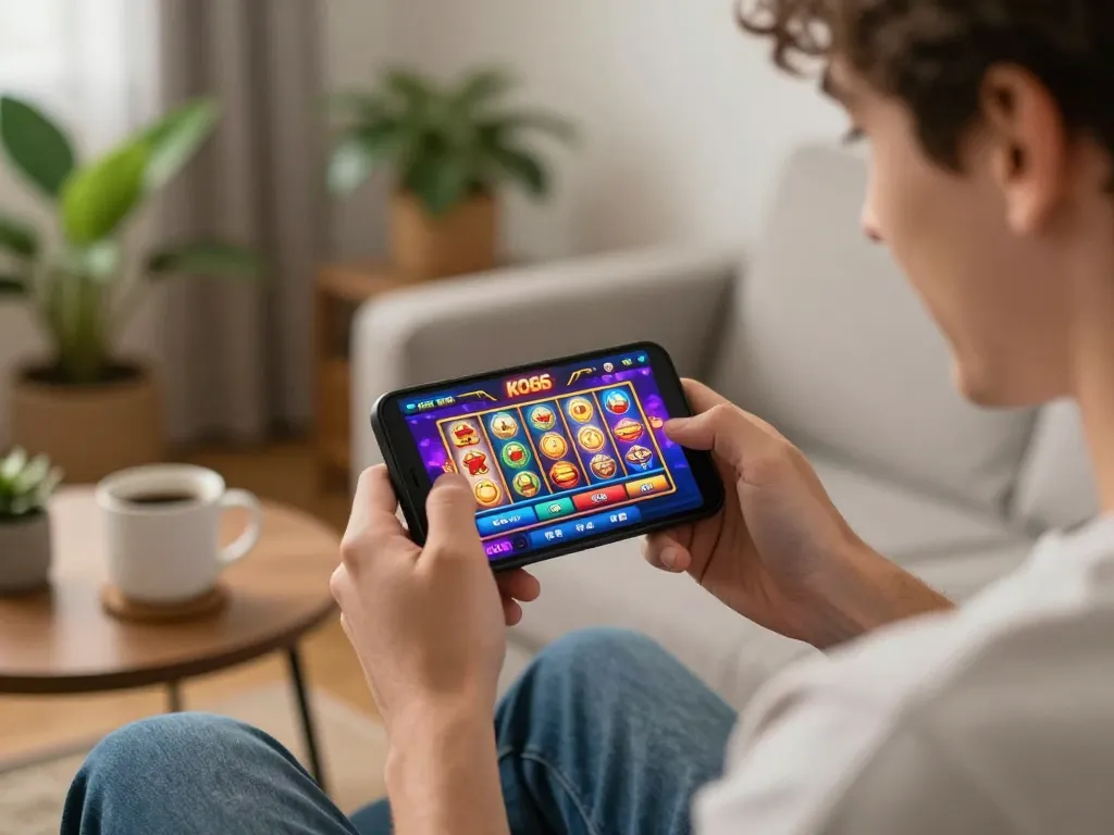 Người chơi tương tác với ứng dụng casino KO66 trên điện thoại thông minh, hiển thị giao diện trò chơi sống động