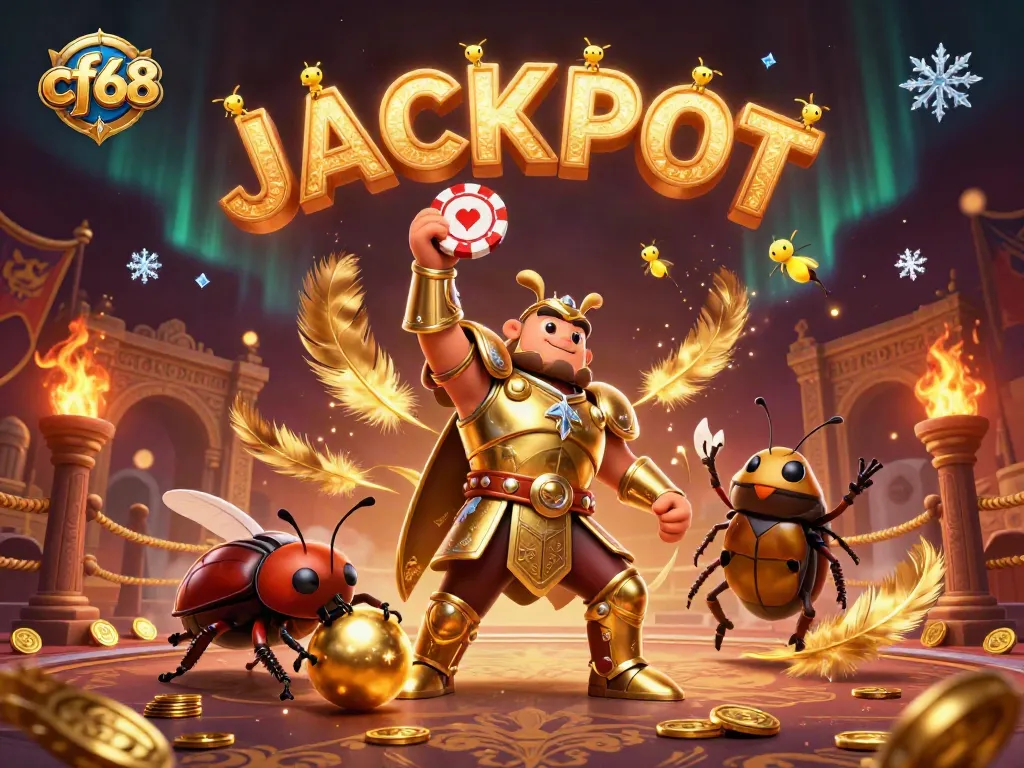 cf68 beetle wins a poker jackpot in a vibrant casino-themed illustration
