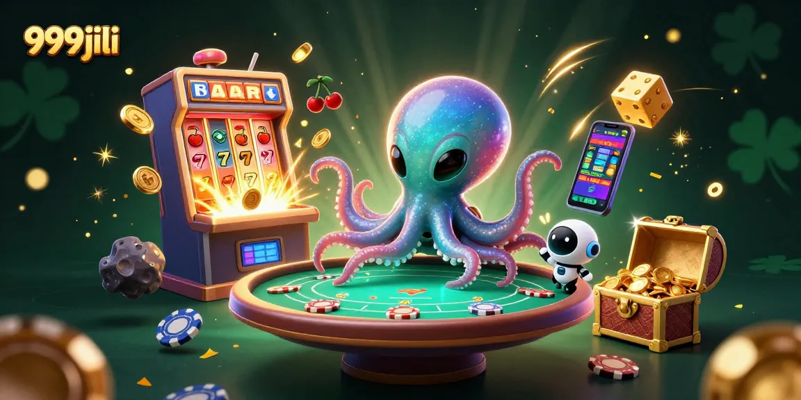 Join the 999jili adventure as an alien octopus plays poker amidst a vibrant casino backdrop filled with excitement.