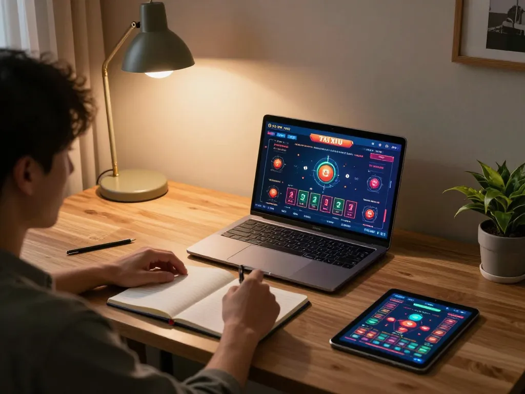 Engaged player analyzing tai xiu online betting strategies at home laptop with warm lighting.