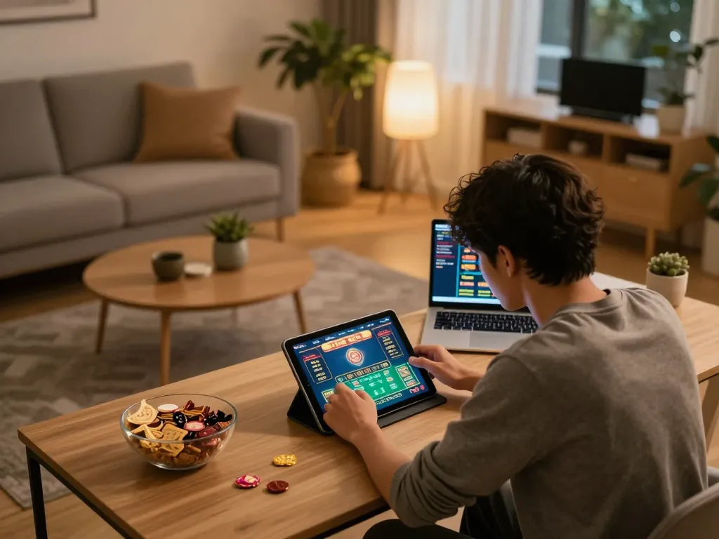 Player engrossed in online gaming at rik vip on tablet, cozy home atmosphere with snacks.