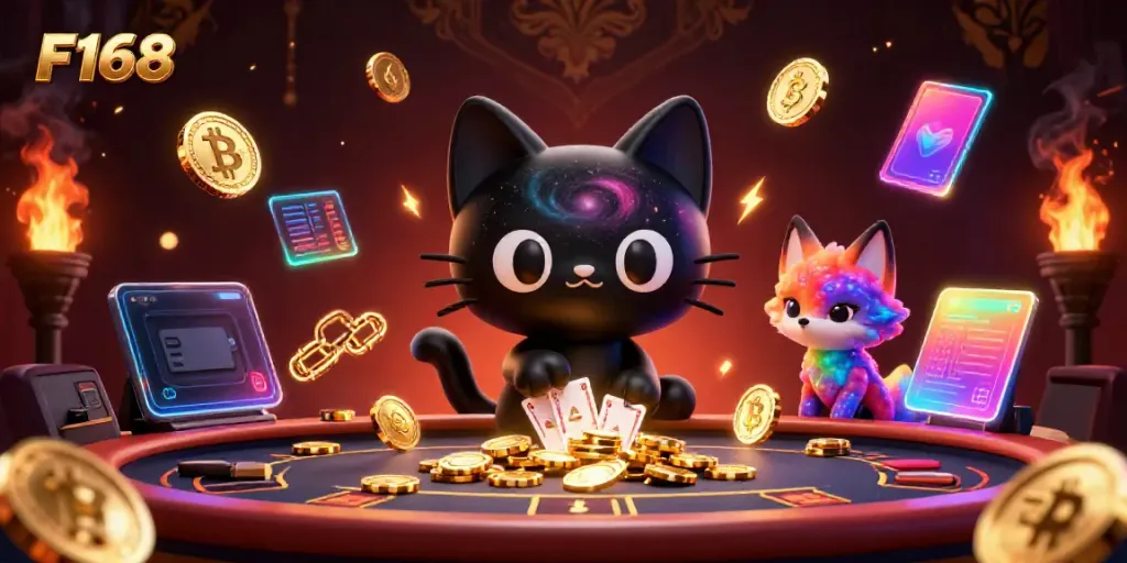 Engage in F168's cosmic gaming with a 3D cartoon black hole cat and vibrant nebula fox.