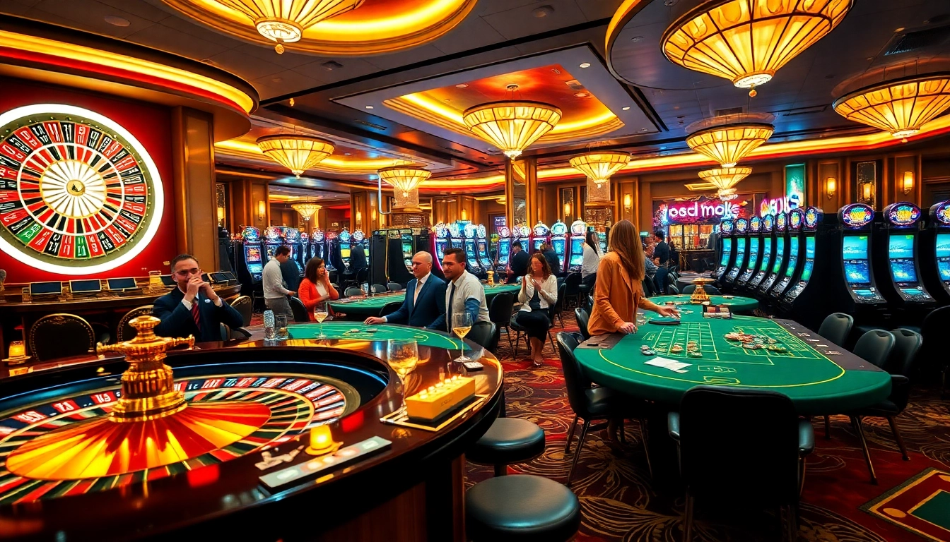 Gamblers enjoying the vibrant atmosphere of TG88 Casino with roulette, poker tables, and slot machines.