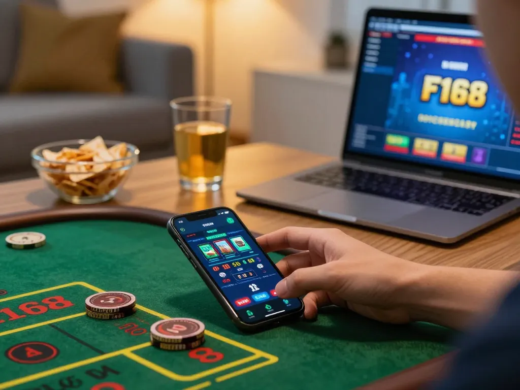 F168 user confidently placing bets on a smartphone app in a cozy living room setting