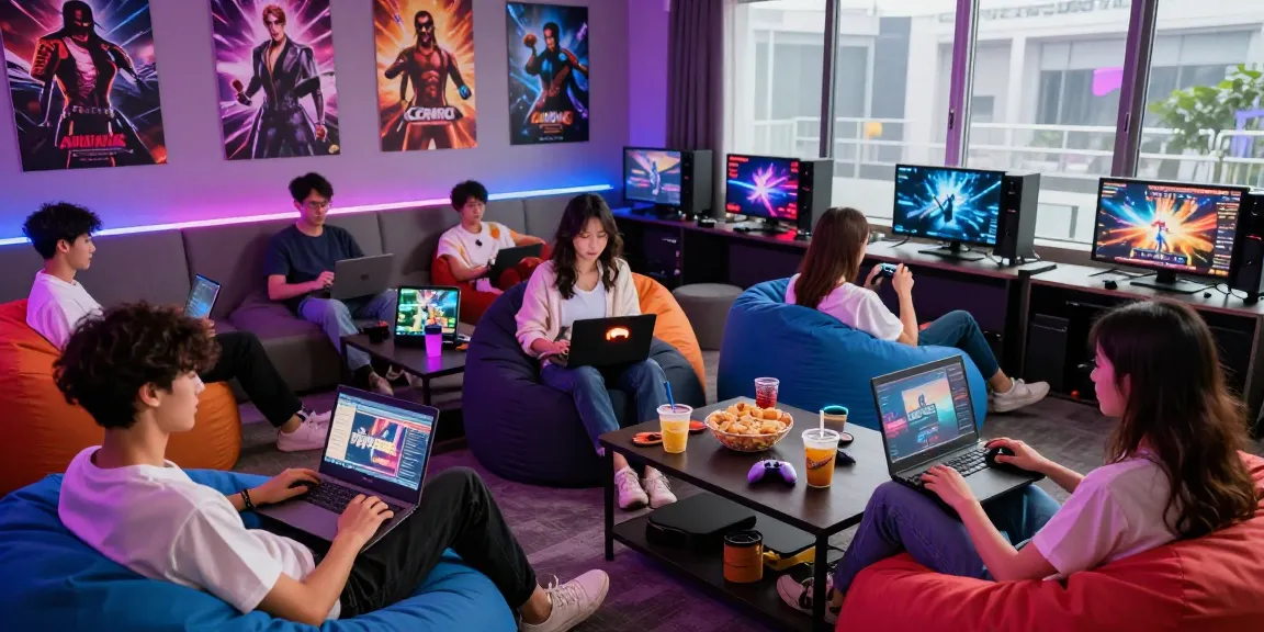Friends enjoying various porn games online in a vibrant gaming lounge, engaging atmosphere.