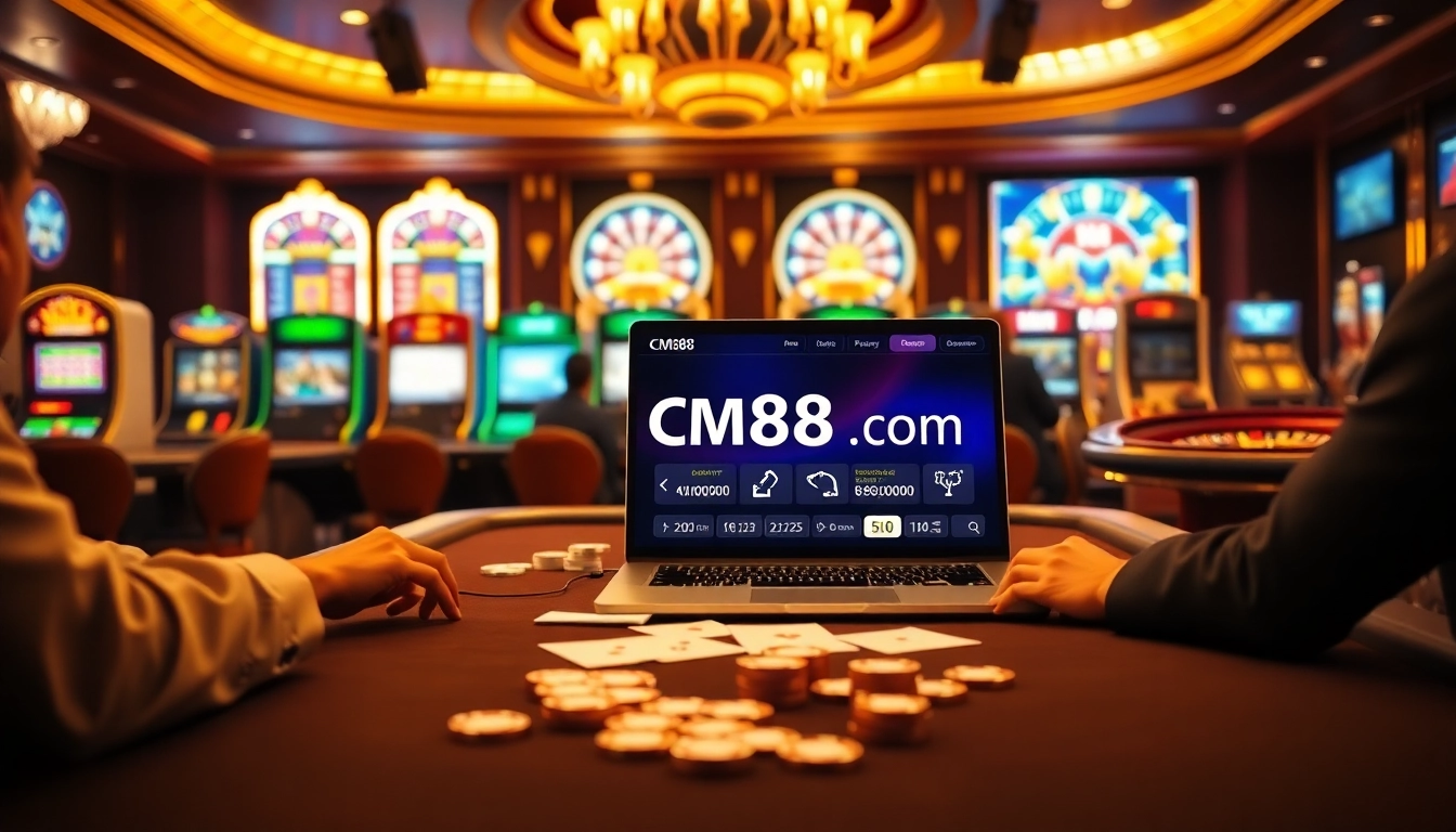 Exciting casino scene showcasing cm88.com with slot machines and poker tables in action.