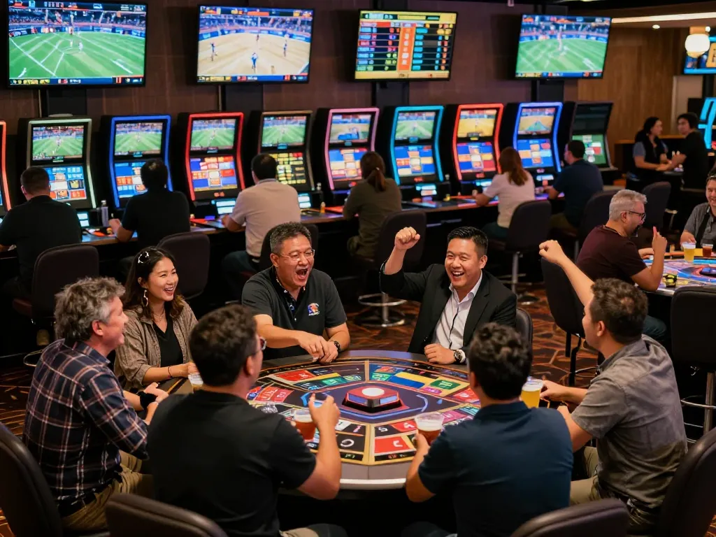 SC88 sports bettors cheering at a lively casino, placing bets on live games