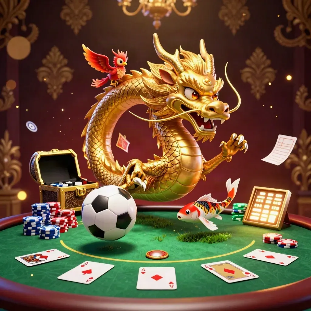 Low-angle casino dragon key art with soccer ball, chips, gold sparks and lavish dark backdrop.