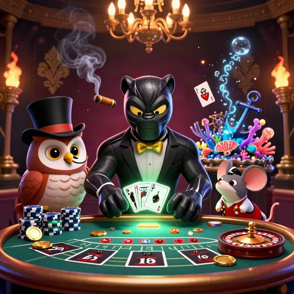 Panther, owl, and mouse at a luxe casino table with treasure-cove accents and glowing gold.