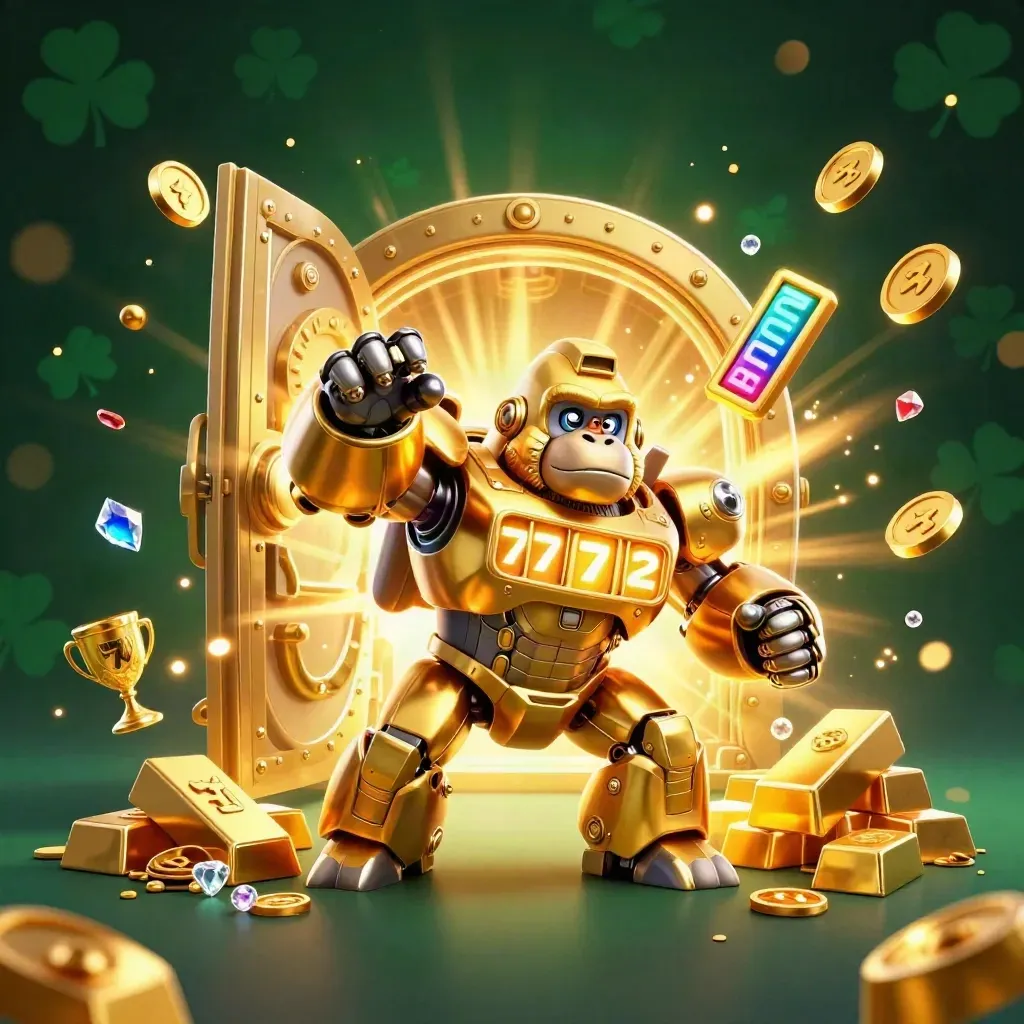 Golden gorilla mech with tiny pilot bursts from a treasure vault amid gems and casino glow.