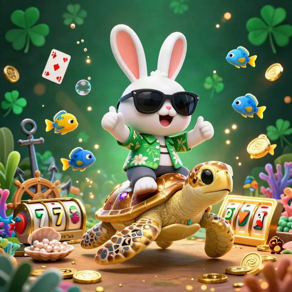 Lucky rabbit on a golden sea turtle in a treasure cove with coins, coral, cards, and casino icons.