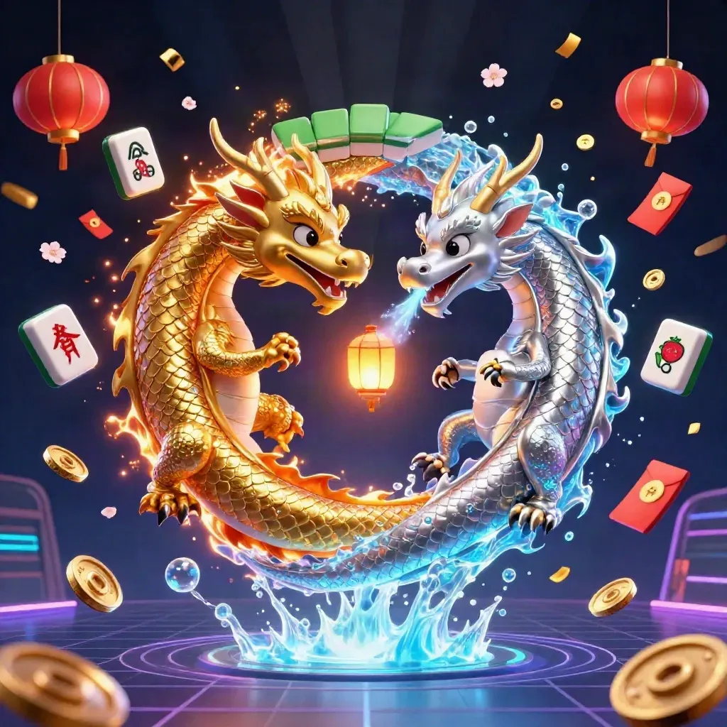 Twin dragons clash fire and ice amid gold tiles, jade coins, lanterns, and casino bursts.