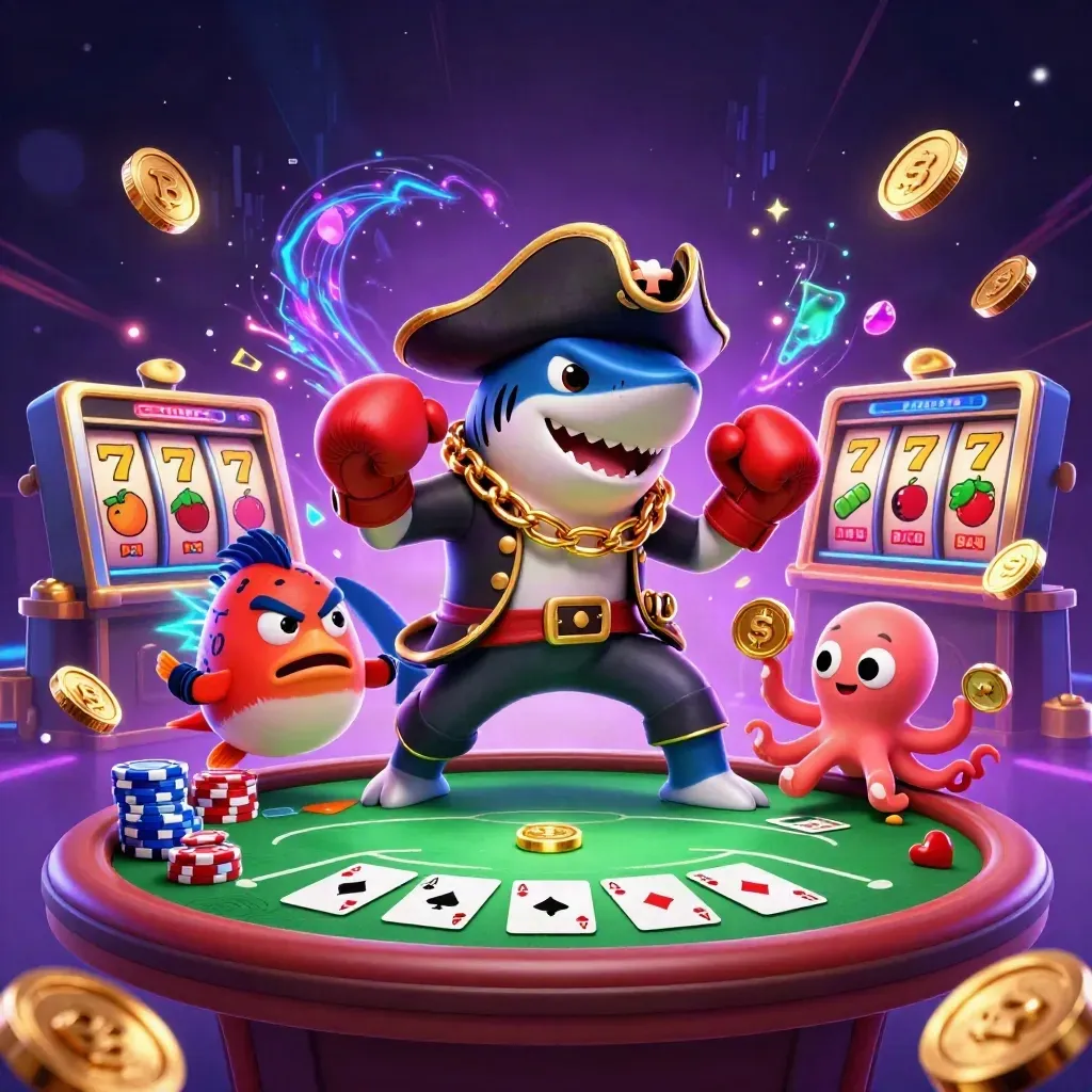 Pirate shark, boxing pufferfish, and coin-juggling octopus in explosive casino magic.