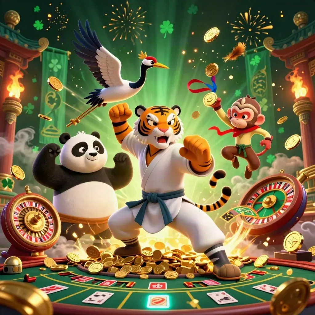 Tiger, panda, and monkey in a casino kung-fu celebration with coins, fireworks, and table games.