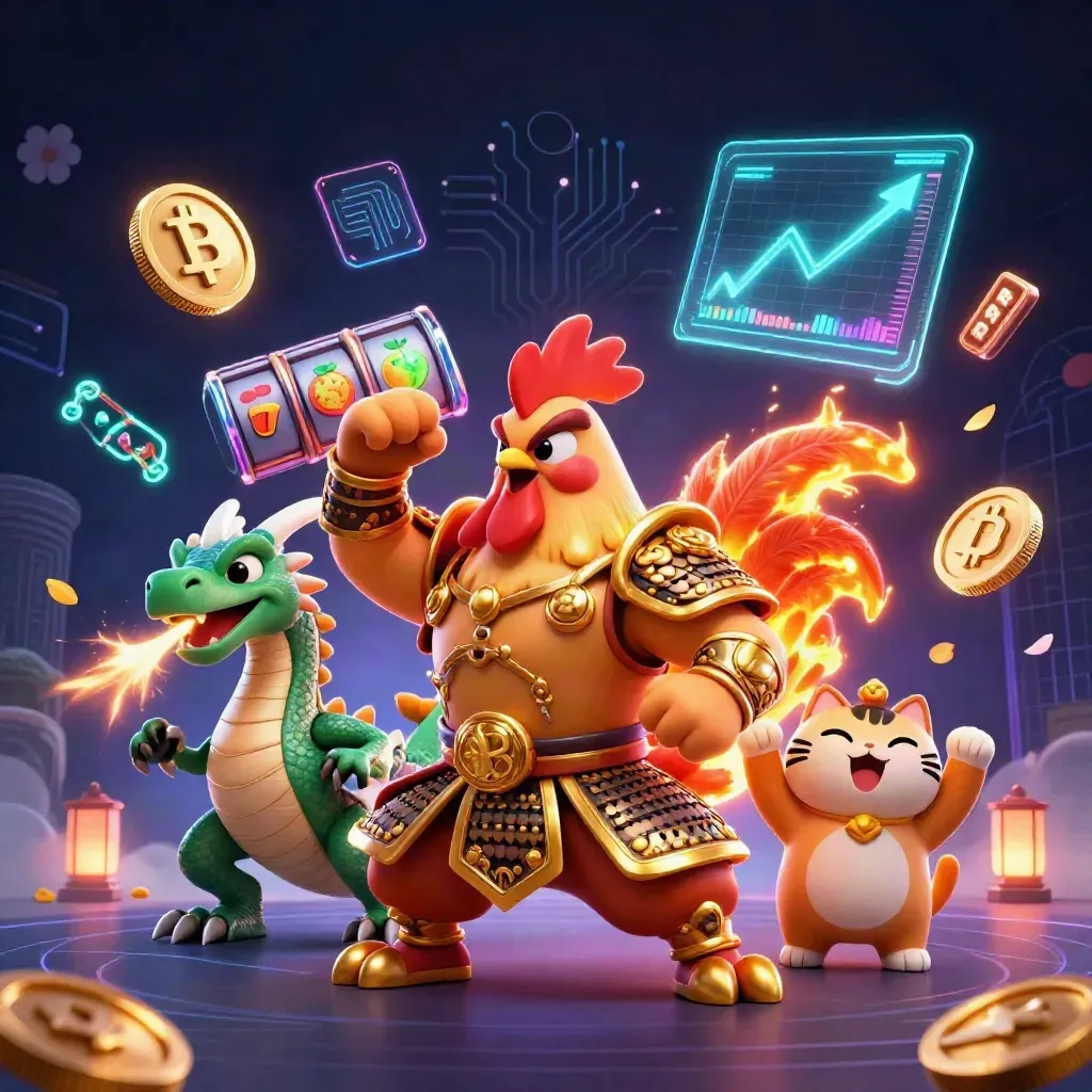 Rooster warrior, dragon hatchling and fortune cat amid casino coins, neon sparks and lucky reels.