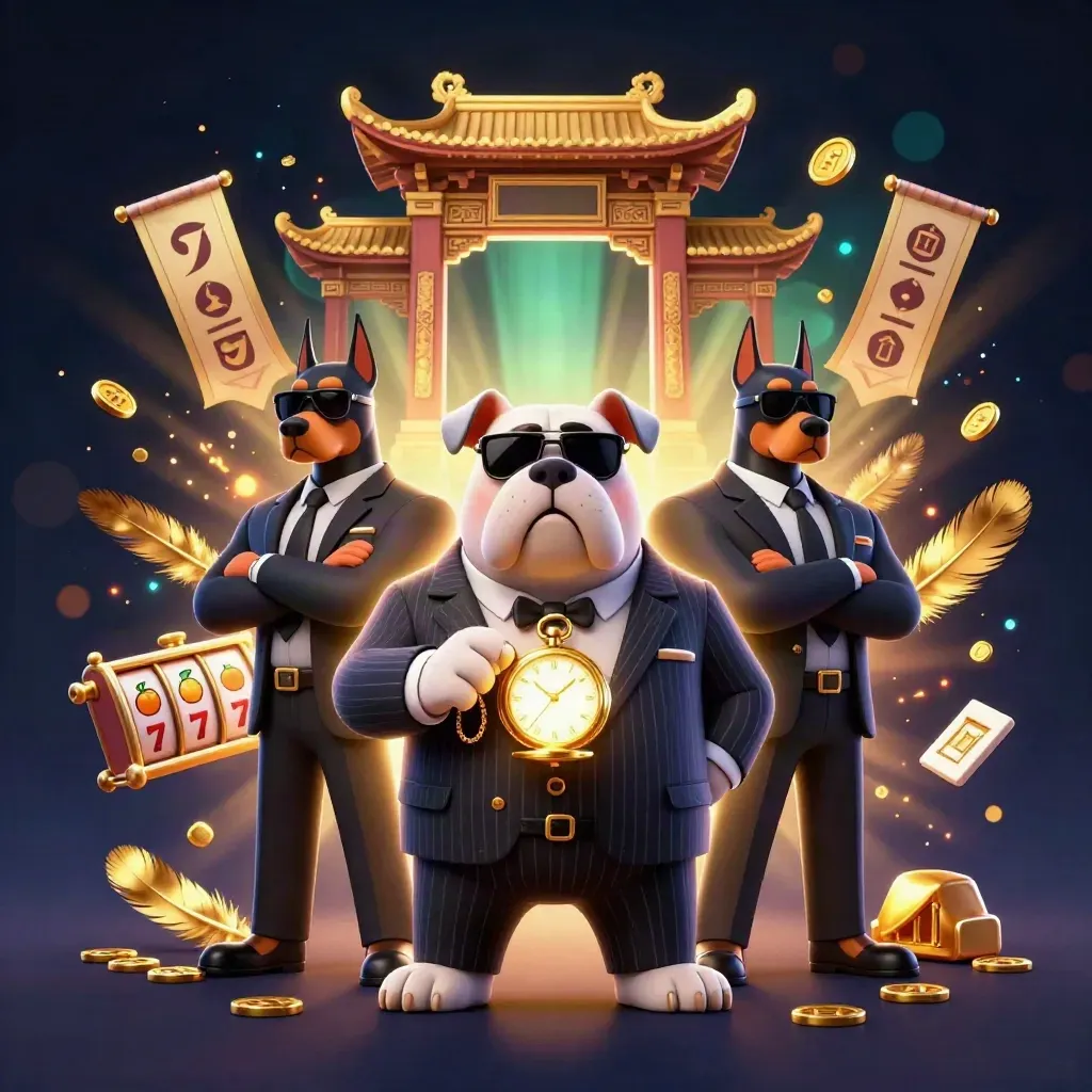 Bulldog boss with two doberman guards, casino effects, gold coins, reels, and neon lighting.