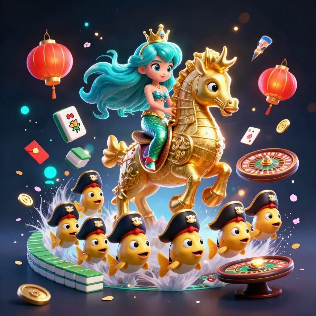 Mermaid princess on a gold seahorse amid pirate fish, casino coins, lanterns, cards and sparks.
