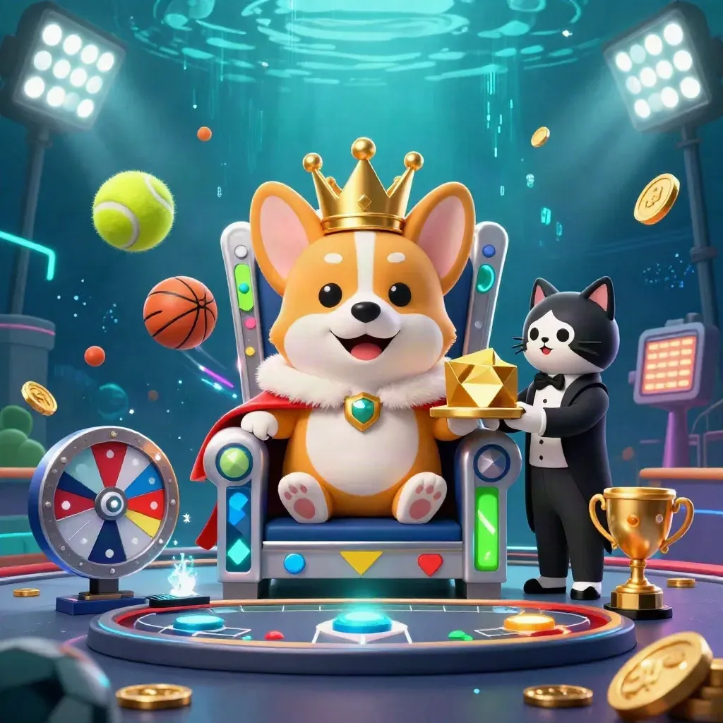 Royal corgi king and cat butler amid casino chips, coins, balls, roulette wheel and neon energy.