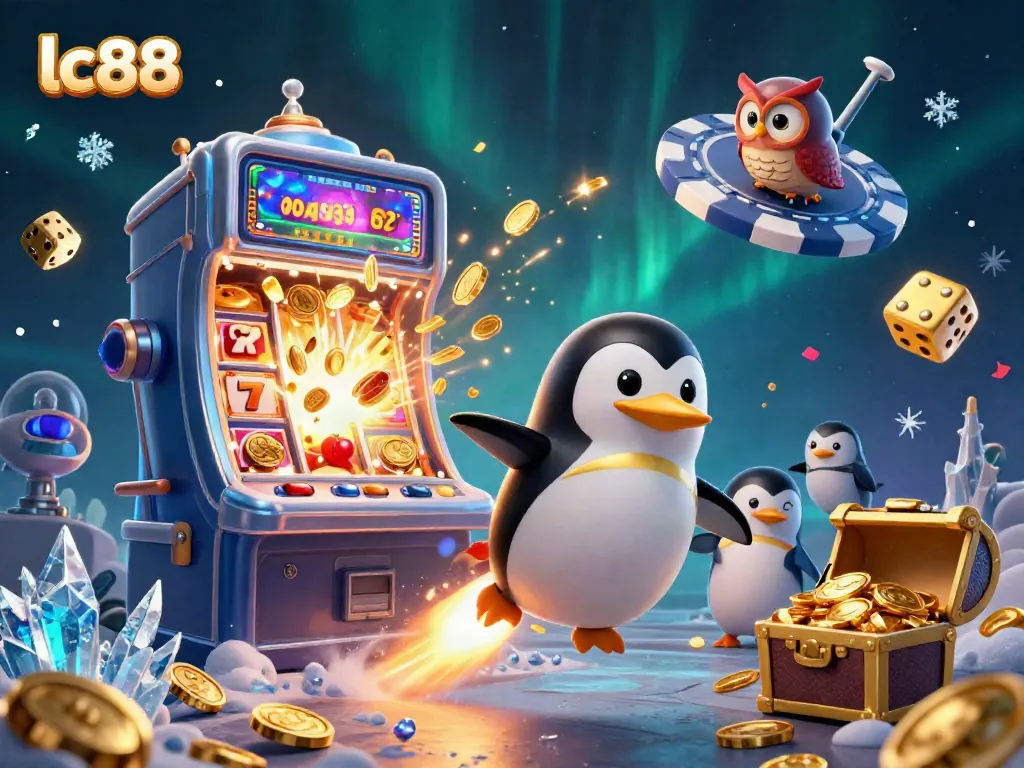Experience thrilling wins at lc88 with a golden penguin soaring towards a casino station amidst vibrant game elements.