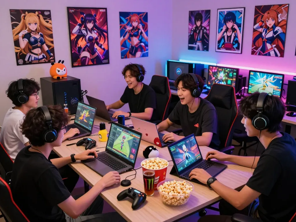 Players enjoying a lively session of hentai games with diverse characters, colorful gaming setup, and engaging atmosphere.
