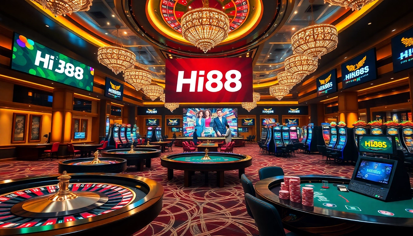 Engage with Hi88's exciting casino atmosphere, featuring vibrant tables and slot machines.