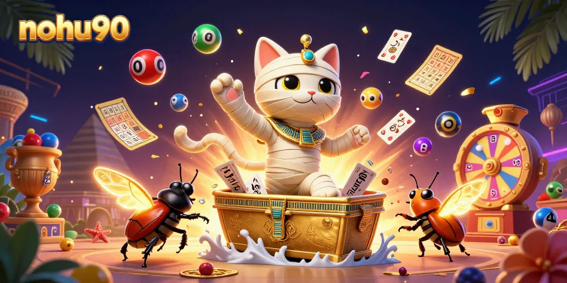 Win exciting prizes with nohu90's vibrant illustration featuring an Egyptian mummy cat and a lottery theme.