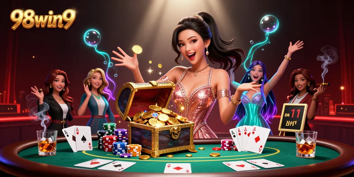 Engage in thrilling gameplay at 98win9, where a joyful Asian woman presents endless treasures in a vibrant casino scene.