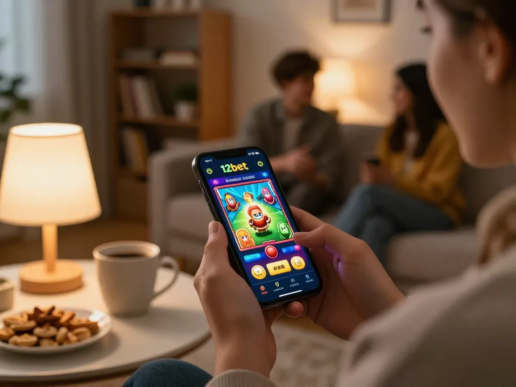 A person enjoying the 12bet casino app on their smartphone in a cozy home setting.