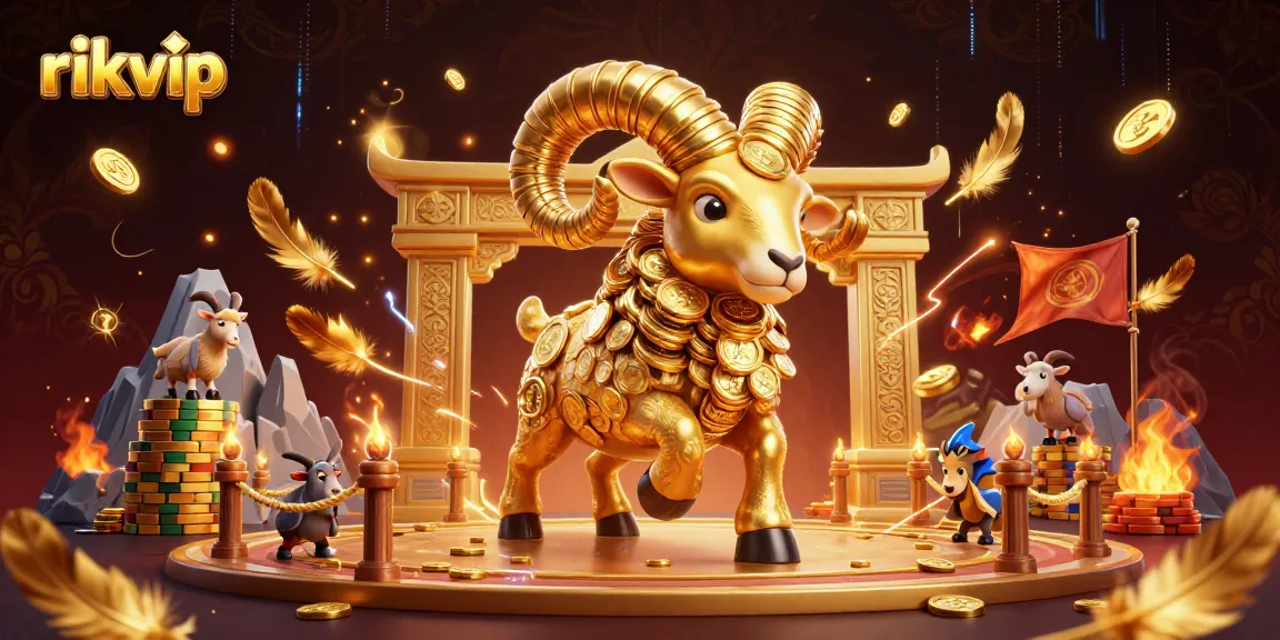 Bet and win at rikvip with captivating golden ram charging through a dynamic casino scene.