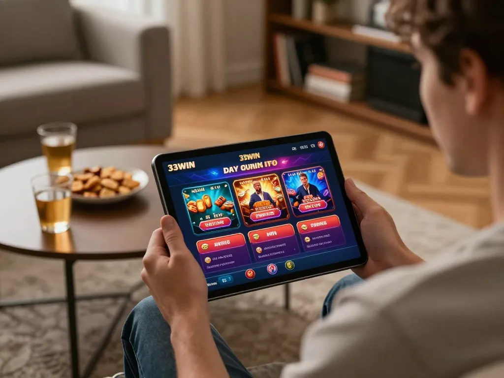 Player enjoying the 33WIN online casino app on a tablet in a cozy setting with snacks