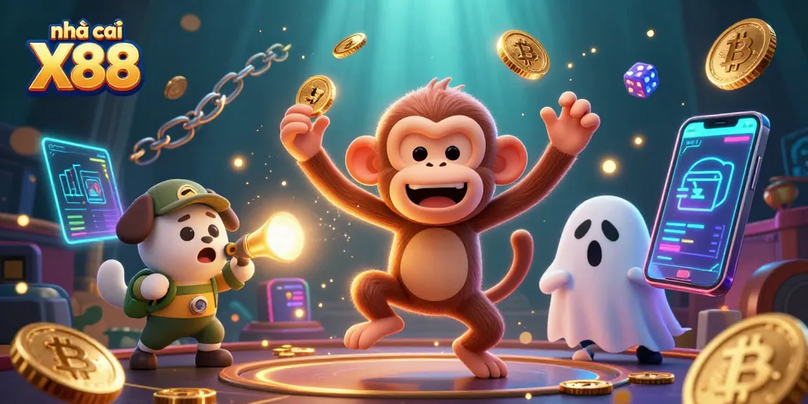 Engage with the thrilling atmosphere of nhà cái X88 as a mischievous monkey juggles golden treasures in a haunted casino.
