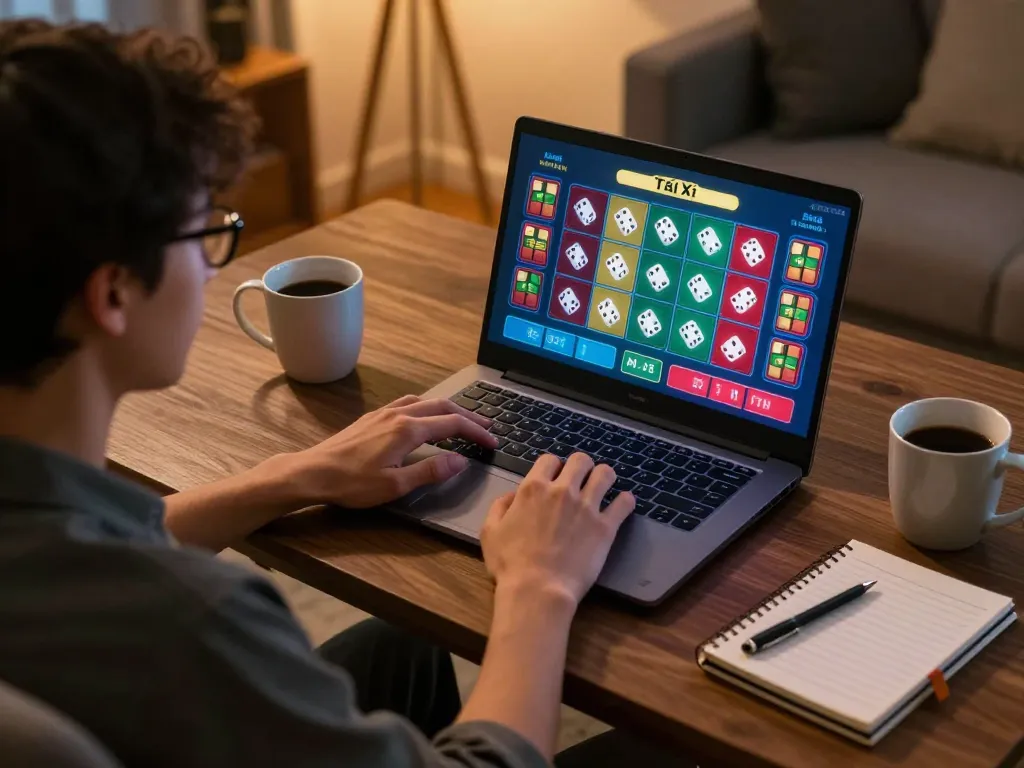 Tài Xỉu MD5 gameplay on a laptop, highlighting modern online casino experience at home.