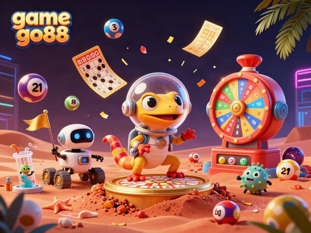 Experience the excitement of game go88 with a colorful casino discovery scene featuring a Martian gecko.