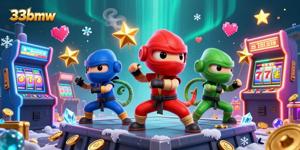 Engage with thrilling 33bmw casino games illustrated by vibrant chameleon ninjas amidst golden arcade elements.