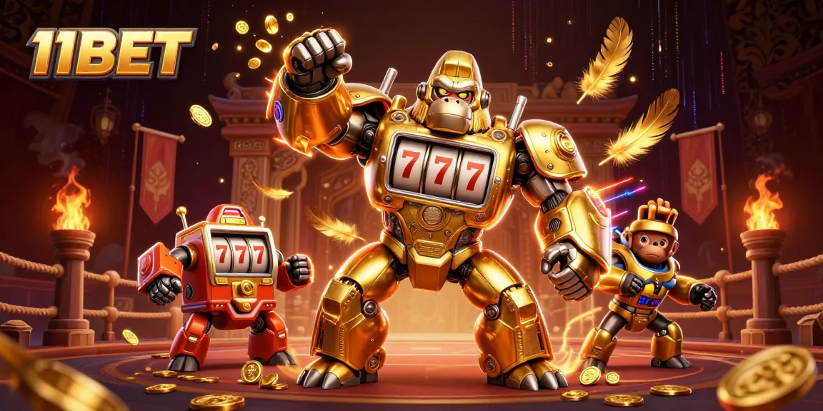 Unleash your luck with 11BET as a golden gorilla mech battles in a dynamic casino realm.