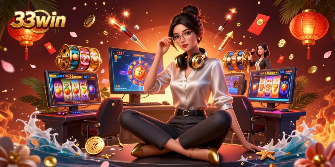 Experience the thrill of 33win with rich casino visuals showcasing slot games and vibrant elements.