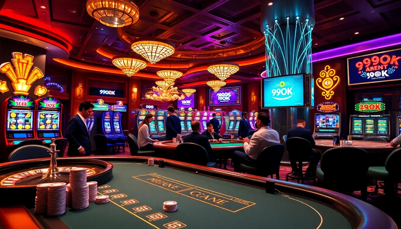 Engaging players at a poker table in a luxurious casino scene featuring 99OK com elements.