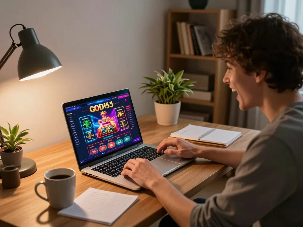 Engaged player enjoying god55 online casino on laptop in cozy home atmosphere.
